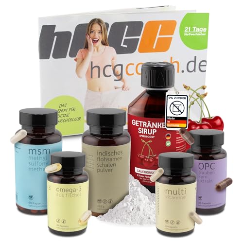 hCGC Stoffwechselkur 21 Tage Basispaket - Omega 3, OPC, MSM, Vitamin Komplex Kapseln, Flohsamen Pulver, zuckerfreier Sirup mit Sauerkirsche für Energie - Darmkur & Stoffwechselunterstützung