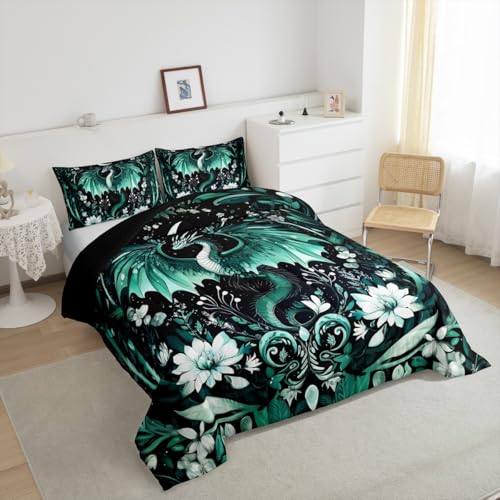 Image of Feelyou Kids Dragon Comforter Set Queen Size, Green Dragon Bedding Set for Kids Boys Girls Boho Duvet Insert Room Decor 3Pcs