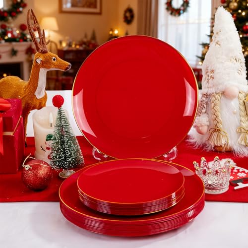 DaYammi 150Pcs Red Plastic Plates & Gold Cutlery with Red Handle,Christmas Disposable Plates Set Include 30 Dinner Plate, 30 Dessert Plate,30 Knives,30 Forks,30 Spoons for Christmas Party Holiday – Image 7