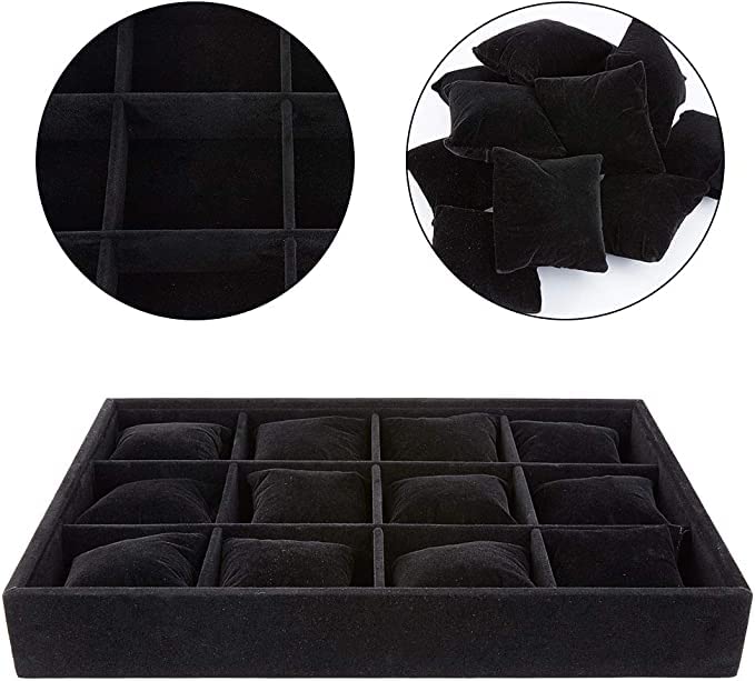 Image of Premium Velvet 12 Grid Watch Organizer Jewelry Tray Bracelet Bangle Watch Display Holder Adjustable Pillow (Black)