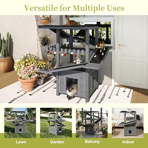 Torre para gatos exterior 4 niveles con techo impermeable gris miniatura 6