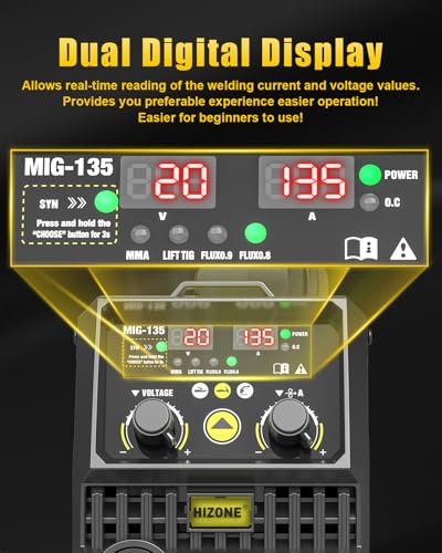 HIZONE Soldador MIG 135A, 110V Flux Core MIG Soldador/Lift TIG/Stick 3 em 1 máquina de solda com con