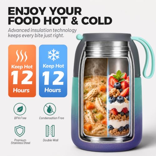 Image of Insulated Thermo Soup Jar for Kids & Adults, 17 oz Stainless Steel Thermal Food Container with Spoon, Triple Layer Insulation (Rainbow)