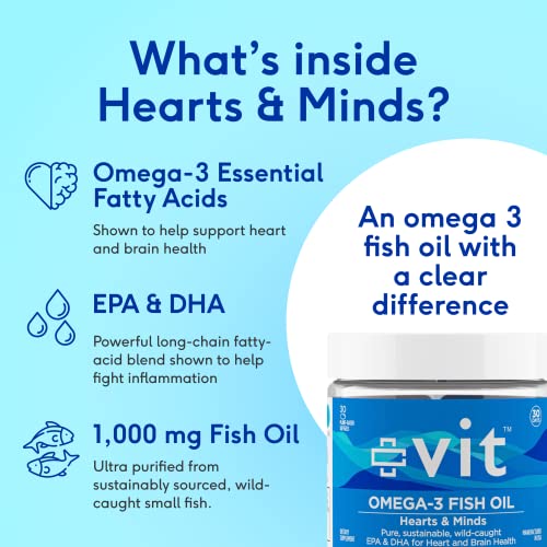 Vit Omega 3 Fish Oil 1000Mg Capsules - Heart And Brain Health Supplement With Epa & Dha Fatty Acid Hearts & Minds Burpless Flavored Softgels, Ultra Clear, Non-Gmo, Easy To Swallow #TOP2