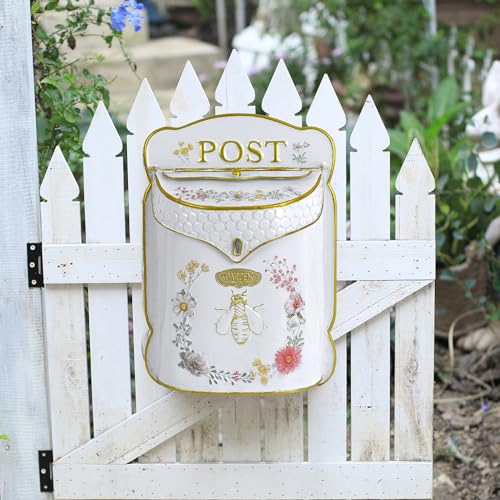 Image of Wall Mount Mailbox for Outside Vintage Mail Boxes for House Outside Metal Door Mailbox Drop Box Antique Style Nostalgic Charm Home Decorative, Bee Pattern, White