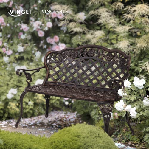 Image of VINGLI 42.5 inch Patio Garden Bench Outdoor Metal Rose Loveseat, Cast Iron Cast Aluminium Frame Antique Finish Park Chair, Accommodates 2-3 People