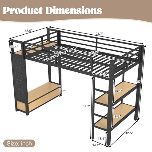 Image of Bellemave Twin XL Size loft Bed with Wardrobe and Storage Shelves and Pegboard Drawers, Metal Twin XL Loft Bed Frame for Adults, Kids, Teens, Black