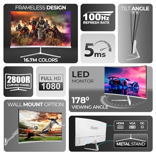 Image of Foxin Elite 22 Inch Curved LED Monitor | FHD 1080p | 100Hz Frameless & Anti-Glare | HDMI & VGA | 5ms | Wall Mountable | 2800R Curve | Curved PC Monitor for Gaming, Work | White