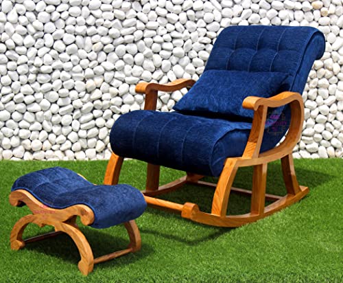 Image of CRAFTCITY Rocking Chair |Sheesham Wood Elegant Rocking Chair with Pillow and Matching Foot Stool and Pre assembeled(Royal Blue)