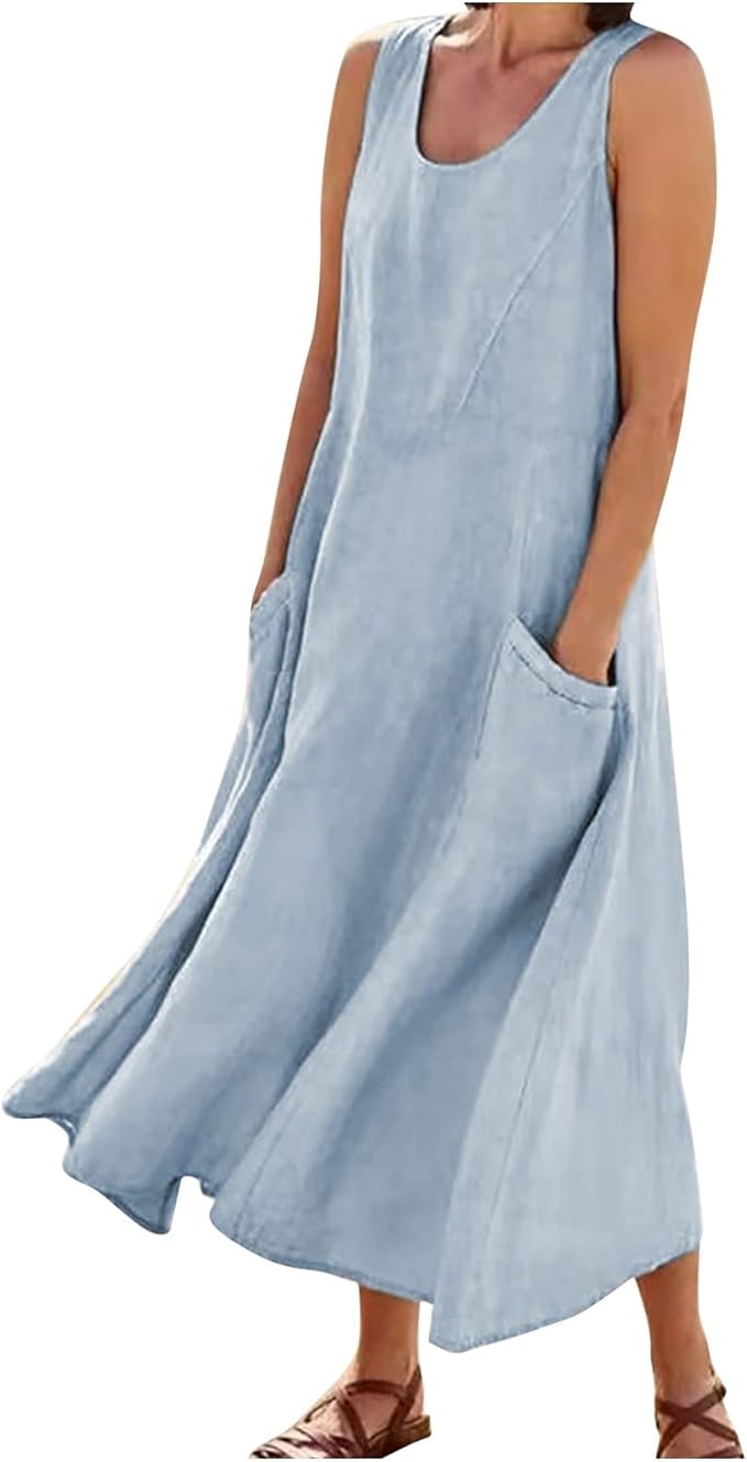 Plus Size Cotton Linen Summer Dresses for Curvy Women 2025 Sleeveless Maxi Vacation Beach Sundresses with Pockets