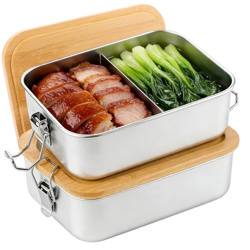 DAJAVE 2 Stück 850 ml Edelstahl Brotdose Kinder mit Bambusdeckel & 2 Fächern, Metall Lunchbox Edelstahl Wiederverwendbar, Lunch-Boxen, Bento Box für Erwachsene, Schule, Ausflüge