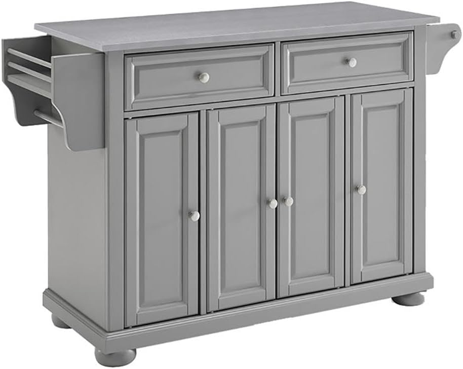 Pemberly Row Traditional Wood/Stainless Steel Kitchen Island, Gray/Chrome Finish, 51.5"W x 18"D x 36"H, 2 Drawers, 4 Doors, Rolling Cabinet with Adjustable Shelves, Built-In Spice Rack and Towel Bar