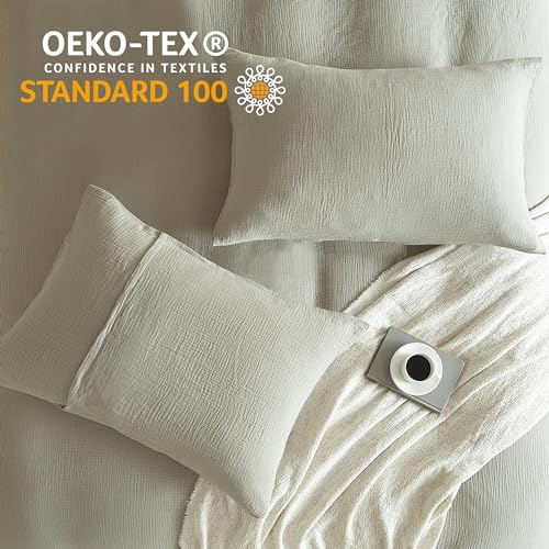 SE SOFTEXLY Muslin Duvet Cover Oversized King Size, 100% Washed Cotton Duvet Cover Set, Ultra Soft Comforter Cover Linen Like, 3 Pieces Gauze Duvet Cover with 2 Pillowcases, 98"x120", Smoky-Green