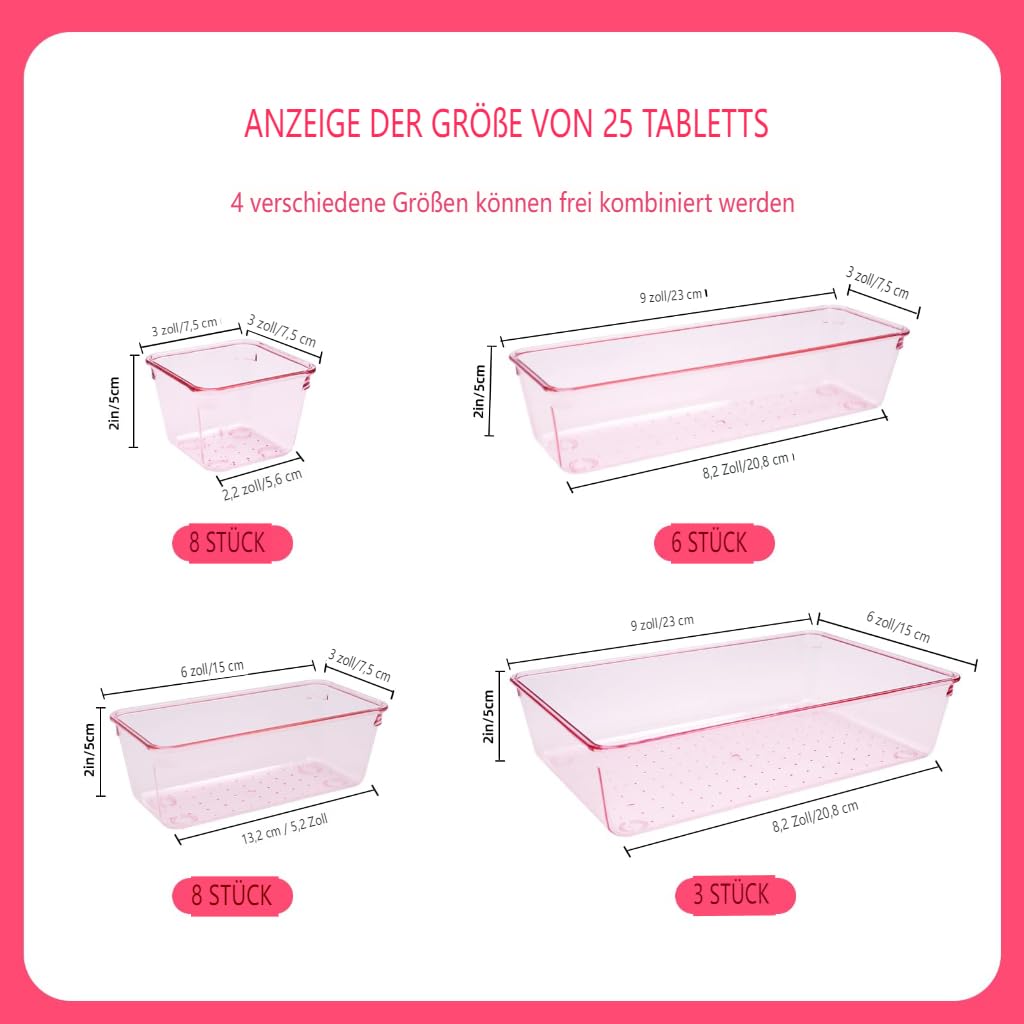 Schubladen Organizer, 25 Stück in 4 Größen, Kunststoff, Schminktisch und Make-up Organizer, Ordnungssystem (Rosa)