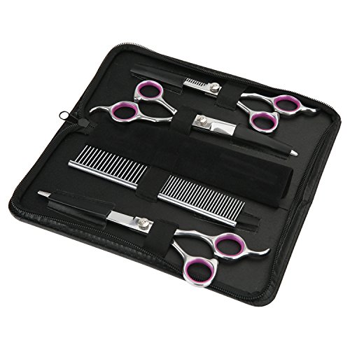 GEMEK Pet Cat Dog Grooming Scissors Set 4 Pieces Stainless Steel Professional Pet Trimmer Kit - 7.5 inch Straight Cutting, Thinning Shears, Curved, Grooming Combs - Thumbnail 2
