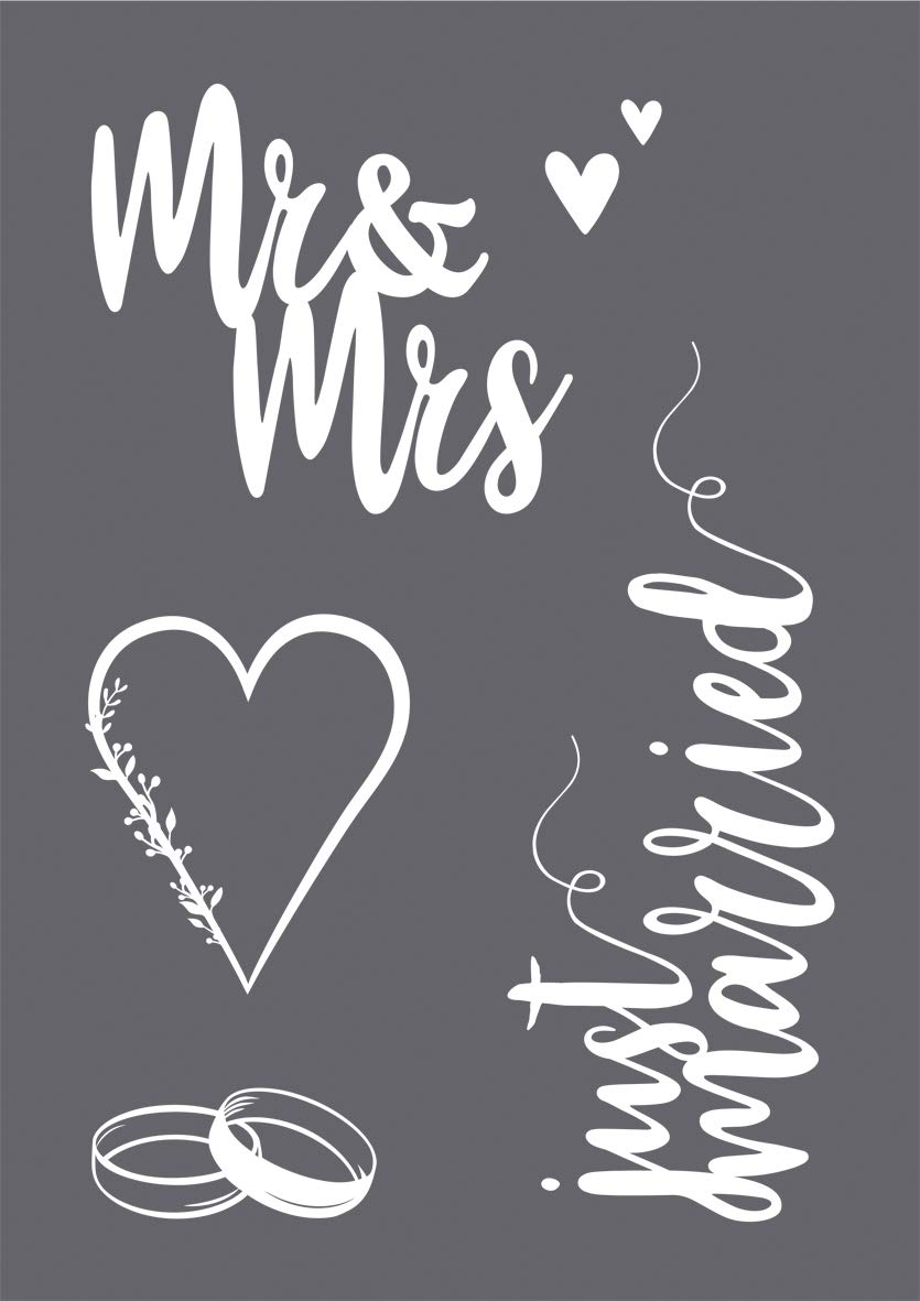 Rayher 45127000 Set of Mask Stencil and Craft Squeegee for Crafts and Painting, Reusable Silk Screen Template with Just Married, Mr and Mrs and More Wedding Themed Designs, 21x29.7cm
