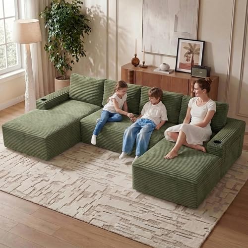 Image of 133 inch U-Shape Cloud Couch, Modern Modular Sectional U-Shape Sofa, Corduroy Boneless Couch Upholstered Couches Deep Seat Sleeper Chaise Longue for Living Room, No Assembly Required,Green