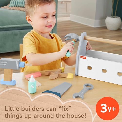 Fisher-Price Wood Pretend Play Toy Tool Box with Drill, 9-Piece Wooden Set for Building Construction Play Preschool Kids Ages 3+ Years - image 3