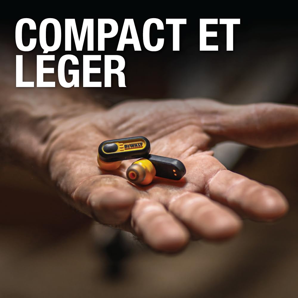 DEWALT Écouteurs sans Fil Robustes Casque Bluetooth avec étui de Chargement de Type C Inclus, Plus de 37 Heures d'autonomie, Installation Facile pour iPhone, Parfait pour Le Chantier, Jaune
