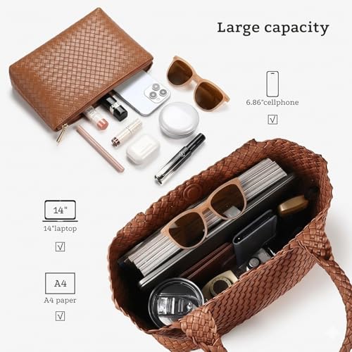 Image of Woven Tote Bag for Women, Large Vegan Leather Tote with Inner Pouch | Soft Woven Texture,Relaxed Style,Shoulder Tote Bag,Unstructured Tote,Casual Woven Handbag,Open Interior,Removable Pouch