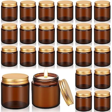 Zhehao 24 Pcs Glass Candle Jars with Lids Bulk, Round Empty Candle Container Tins for Making Candles, Dishwasher Safe and Leakproof, Candle Holder Containers for DIY Crafts(Amber,Gold,4 oz) Cover