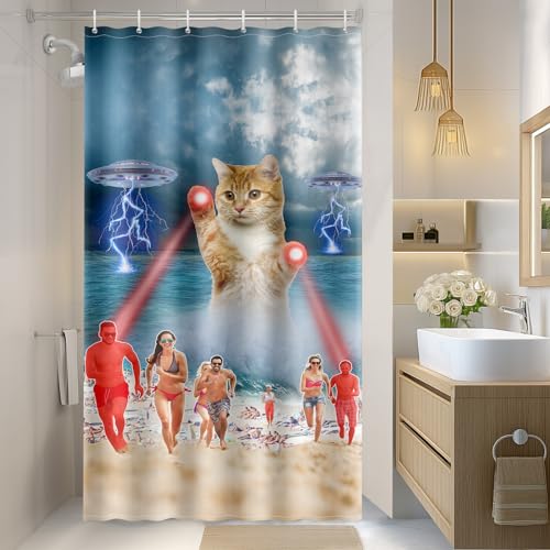 Image of Aimego Stall Small Shower Curtain - Funny Cute Cool Ocean Cat with Weird Adults Beach UFO Fun Narrow Half Fabric Cloth Shower Curtain Set for Bathroom Decor Accessories Bath Curtain, 36 inchx72 inch