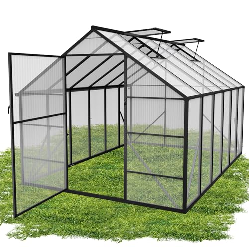 QEENTOE Gewächshaus Aluminium mit Fundament & Dachfenster Tomatenhaus wetterfest rostfrei Treibhaus Anzuchthaus temperaturbeständig Frühbeet Pflanzenhaus für Tomaten, Gemüse & Pflanzen - 380x250x205cm