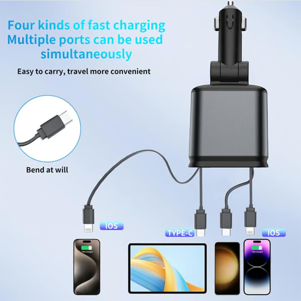 Caricabatterie da auto retrattile 4 in 1 con Starlight, 66 W USB C Fast Car Charger Adapter con 2 porte USB Caricabatterie per telefono da auto per tutti gli iPhone 16/15/14/13/12/11 e per tutti gli
