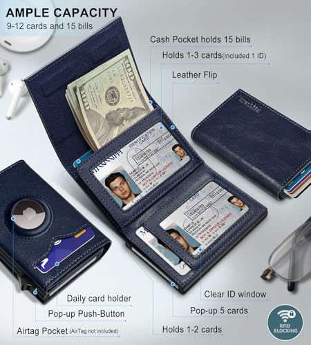 Image of miyozi Airtag Wallet for Men,with Cash Pocket 2 ID Window 9-12 Cards,Metal Case Smart Slim Pop Up Credit Card Holder Flip with Magnetic Closure RFID Blocking Trifold wallet with Gift Box