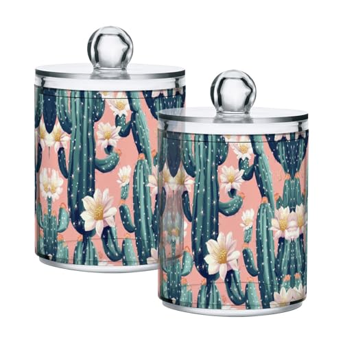 SDMKA 2 Pack Apothecary Jars Bathroom Blooming Cacti on Pink Qtip Holder Dispenser Clear Plastic Storage Canister Jar with Lid for Cotton Ball, Cotton Swab