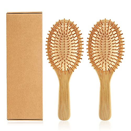 2Pcs Bamboo Hair Brushes Natural Wooden Eco Friendly Paddle Hairbrush for Women Men and Kids Make Thin Long Curly Hair Health and Massage Scalp
