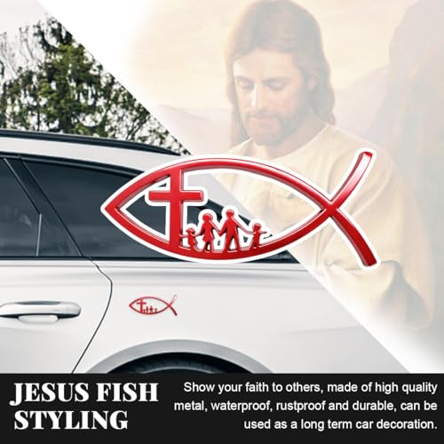 Image of DXNQ 2PCS Jesus Fish Decal Sticker, 3D Car Decal Jesus Christian Fish Symbol Chrome Emblem, Faith Stickers Religious Metal Badge Auto Decor for Truck Motorcycle Fridge (Red, New)