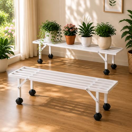 Image of ecofynd Scot 35 Inch Plant Stand with Wheels for Outdoor Balcony, Flower Pot Stand for Indoor Plants, Metal Plant Stand for Living Room, Home decor, Indoor & Outdoor plants, 1 Tier (2 Pack, PS051-WHT)