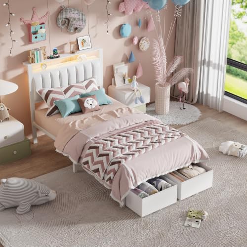 Image of Furnulem White Twin Bed Frames with PU Upholstered Headboard & 2 Drawers