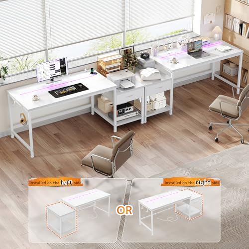 Image of DurayLoly 56 Inch White Computer Desk with Printer Shelf, Power Outlet & LED Lights, Reversible Office Desk with Drawers & Hooks for Headphone, Bags for Bedroom,Dorm,Teens Study Room,White