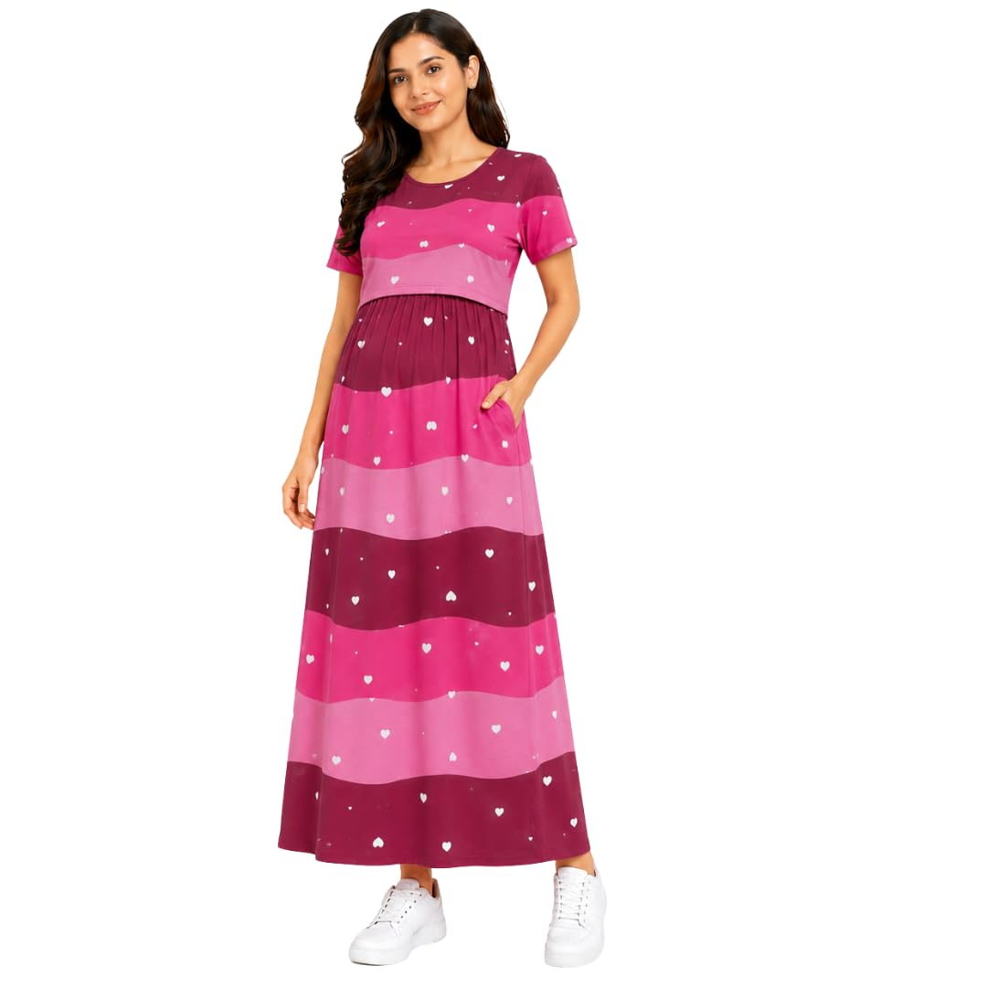 Zipless Maternity Feeding Dress | Zipless Nursing Dress for Women | Soft Cotton Lounge & Outdoor Wear | Pregnancy & Feeding Friendly Maxi Dress with Pockets-picture-18