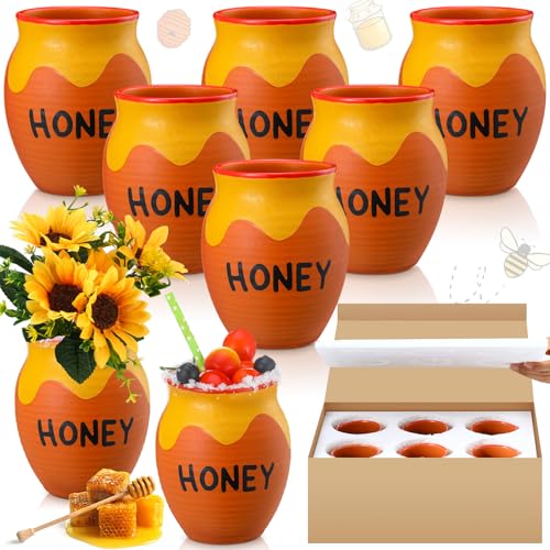 Roshtia 6 Pcs 16 oz Honey Painted Clay Pot Honey Jars for Bee Themed Baby Shower Favors Clay Jars Small Flower Pot for Bee Bridal Shower 1st Birthday Wedding Favors Decoration