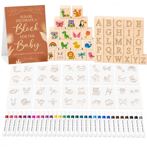 117 Pcs Baby Shower Blocks to Decorate Game Kit 52 Wooden Baby Blocks for Baby Shower Games 24 Acrylic Markers 10 Stencils Game Sign DIY Baby Shower Activity & Gender Reveal Decor Kraft Boho