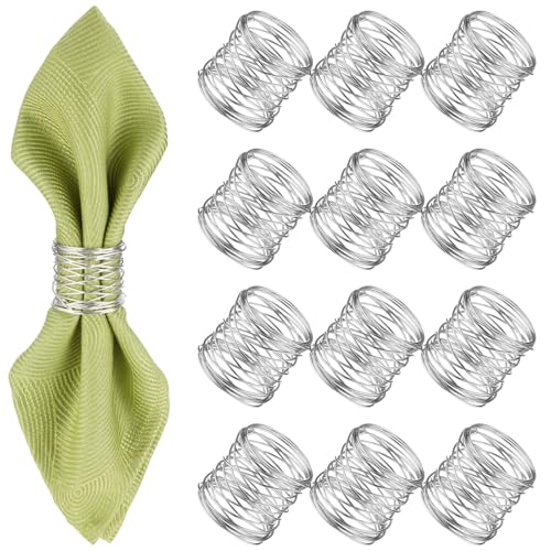 Ferrochef 12 Pieces Napkin Rings Holders Handmade Round Mesh Heavy Duty Metal Napkin Rings Holder for Dinner Decoration Dining Table Parties Wedding Christmas (Silver)