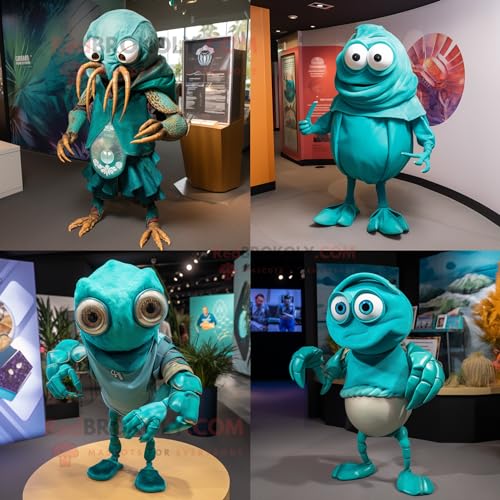 REDBROKOLY Costume de mascotte bernard-l'ermite bleu sarcelle habillé avec t-shirt graphique et boutons de manchette