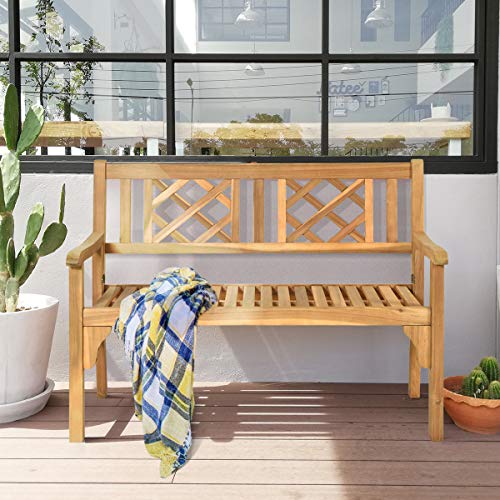 Giantex Patio Wooden Bench, 4 Ft Foldable Acacia Garden Bench, Two Person Loveseat Chair Solid with Curved Backrest and Armrest Ideal for Patio, Porch or Balcony (Teak)