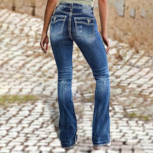 Women's Mid Wasited Flare Ripped Stretchy Jeans Bootcut Slim Button Fly Y2K Bell Bottom Denim Pants3