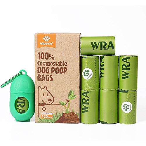 WRAPOK Bolsas de Caca para Perro 100% compostables de 9 x 13 Pulgadas, 15 Bolsas por Rollo