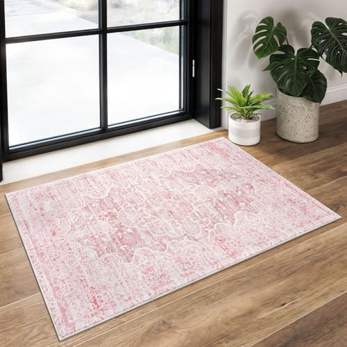 KUTA Vintage Entryway Rug - Indoor Pink Washable 2x3 Non-Slip Ultra Soft Printed Oriental Floral Doormat Accent Rug for Entrance and Bedroom Nursery