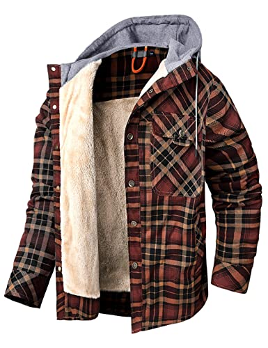 Flygo Camisa para hombre de forro polar informal con forro de sherpa de franela con capucha a cuadros talla L (CoffeePlaid), color café