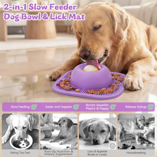 Image of Slow Feeder Dog Bowls & Lick Mat for Liquid and Thick Treat, Anti-Slip Dog Lick Bowl with Interactive Rolling Ball, 5 /6 Cup Pup Licking Toy for Large Medium Small Dogs and Cats Purple