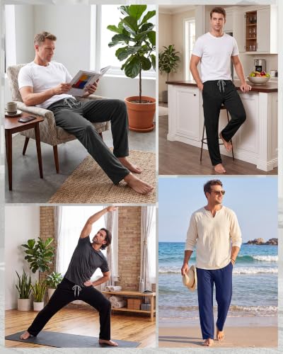 Image of 3 Pack Mens Cotton Pajamas Pants Lounge Pjs Bottoms Sleepwear Bottoms Soft Pants with Pockets Drawstring