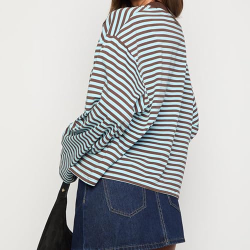 Oversized Striped Long Sleeve Shirt Women Y2k Crewneck Drop Shoulder Cropped Tees Teen Girls Baggy Sweatshirt4