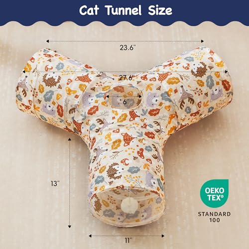 Image of Tempcore Cat Tunnel for Indoor Cats, 3 Way Collapsible Pet Play Tunnel with Teaser Wand, Peek Holes & Hanging Ball, Interactive Tube for Kittens & Rabbits, Beige Deer