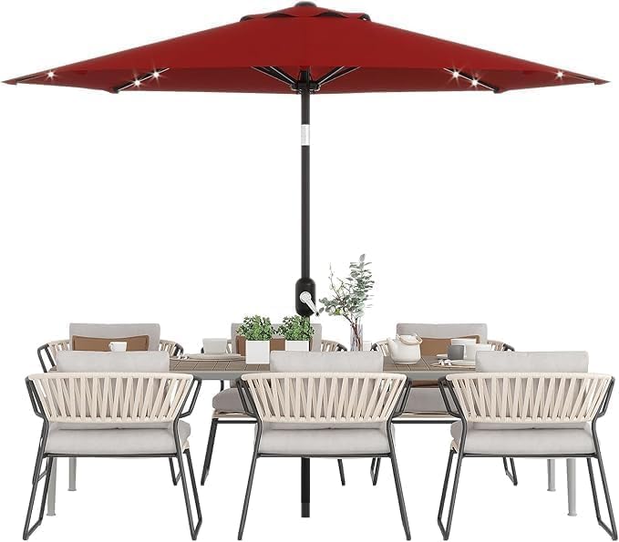 10FT Outdoor Patio Umbrella with 8 Sturdy Ribs, Solar Powered LED Lighted Table Umbrella with Push Button Tilt and Crank, UV Protection Waterproof for Garden, Deck, Backyard, Pool (Brown)